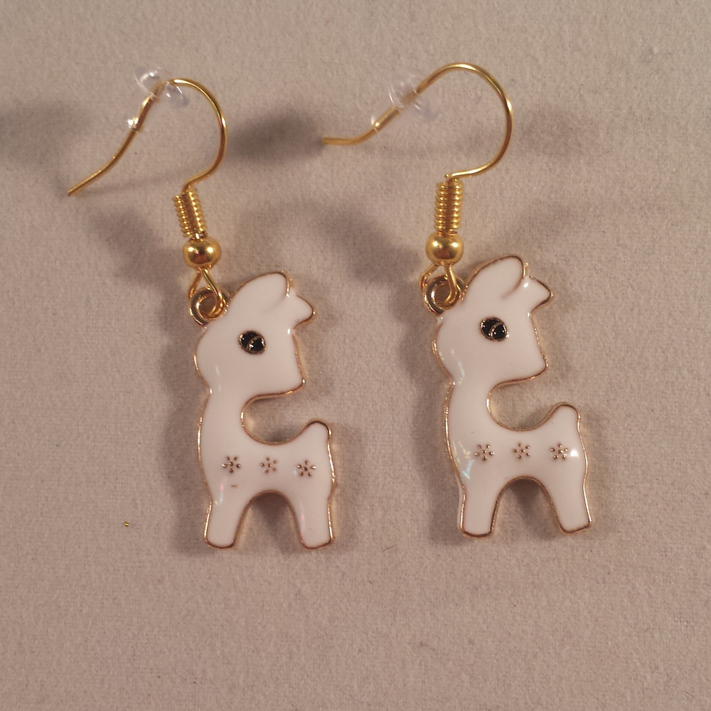 Gold White Deer Dangle Earrings Hypoallergenic Hk